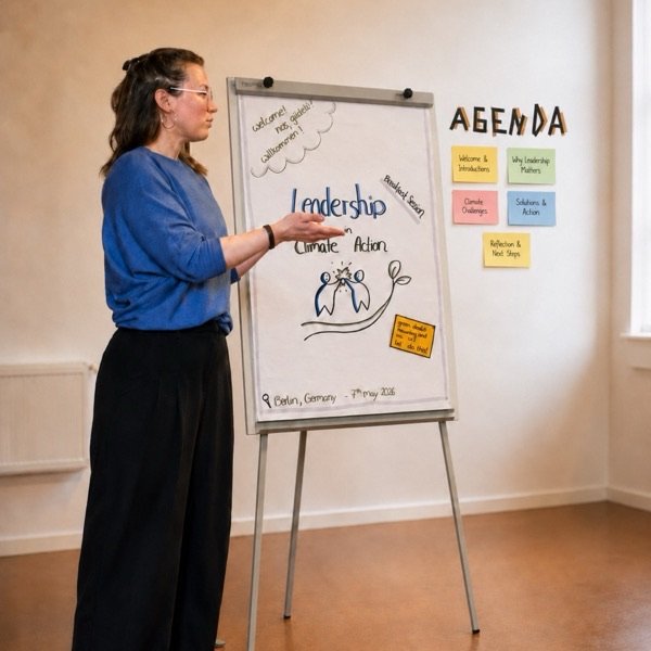Lia Weitz moderiert an einem Flipchart mit der Überschrift „Leadership in Climate Action“